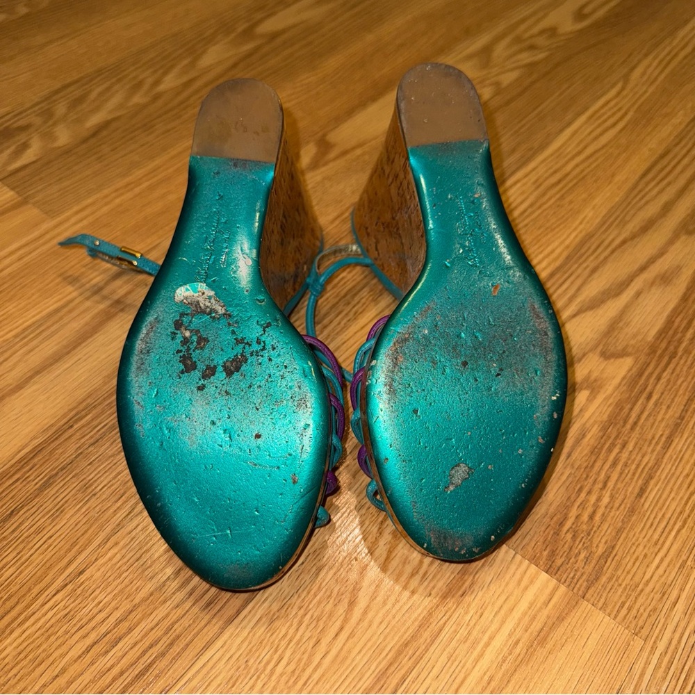 Salvatore Ferragamo‎ Purple and Teal Braided Lacquer Cork Wedge Sandals 8.5 C - Picture 8 of 11